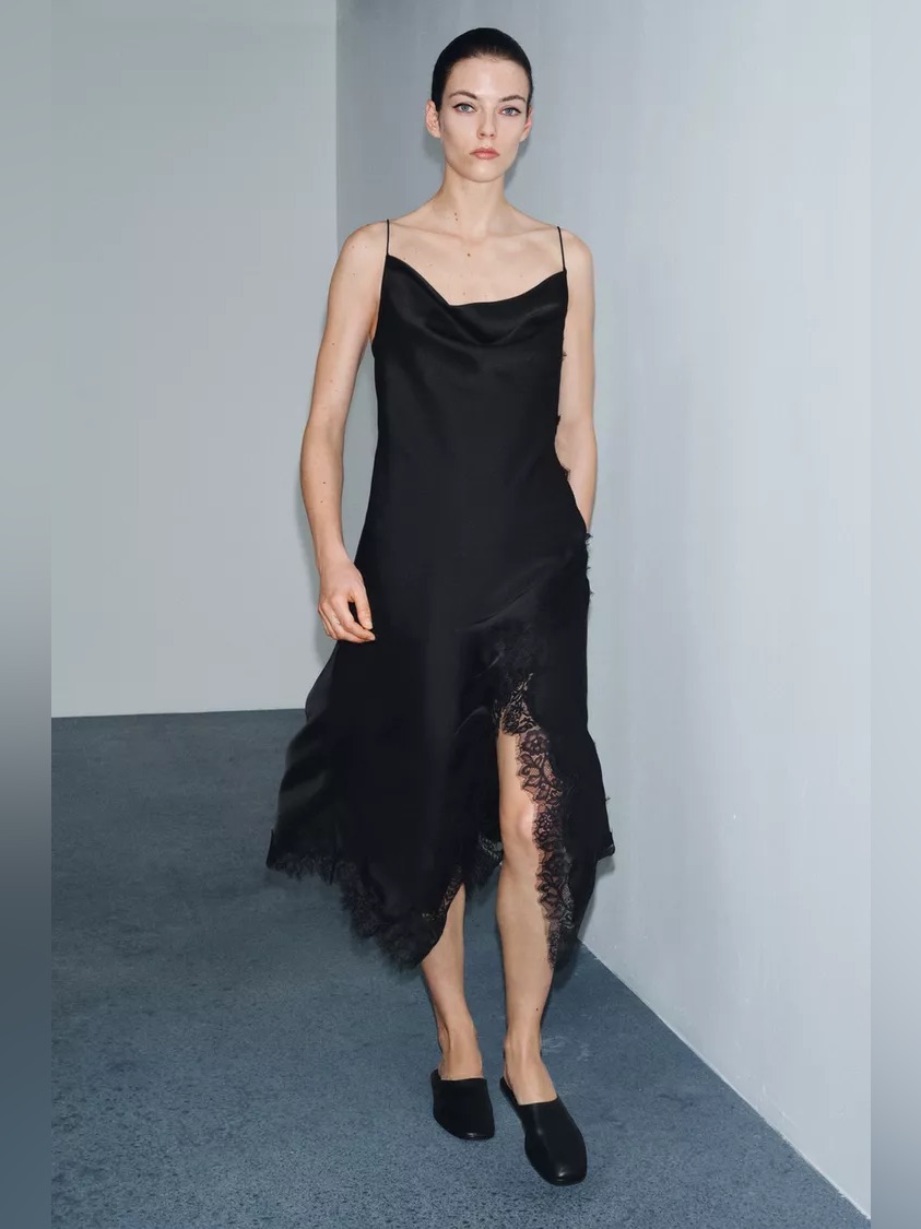Zara Black Satin Slip Midi Dress With Lace Trim